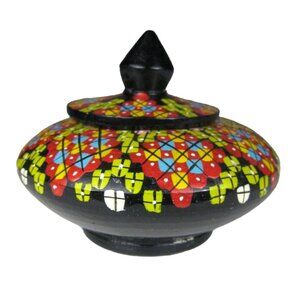 Terra Cotta Pottery Trinket Dish Lid Handle 6 in Bowl Lidded Decor Black CHIP